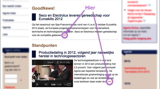 Screenshot van agoria.be met aanduiding van de ietsiepietsie pijltjes