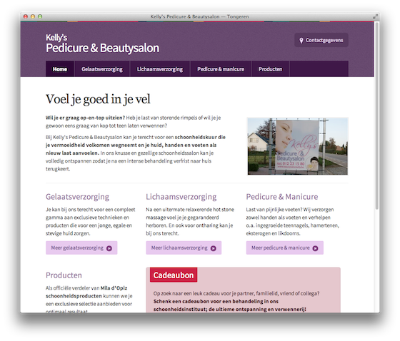 Screenshot van de website van Kelly's Pedicure & Beautysalon